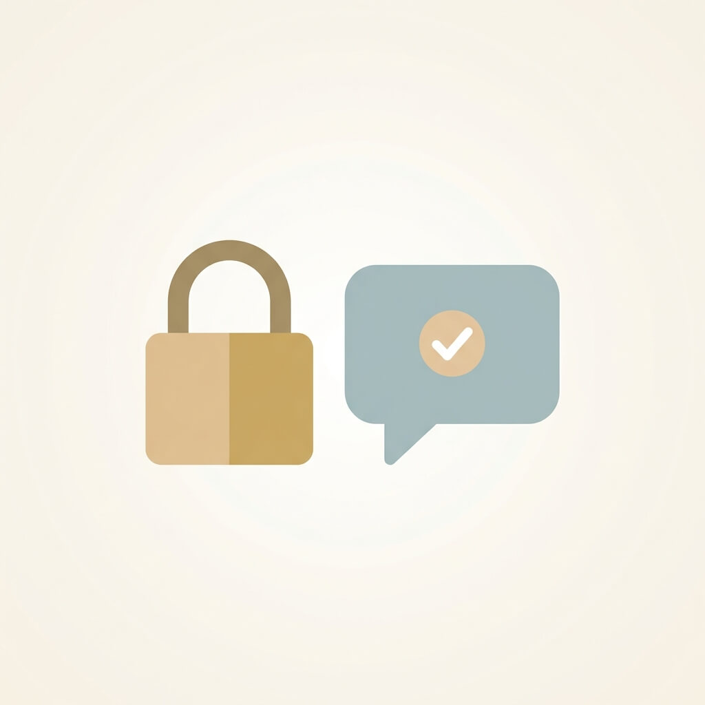 Illustration of a padlock beside a verified chat bubble representing secure messaging