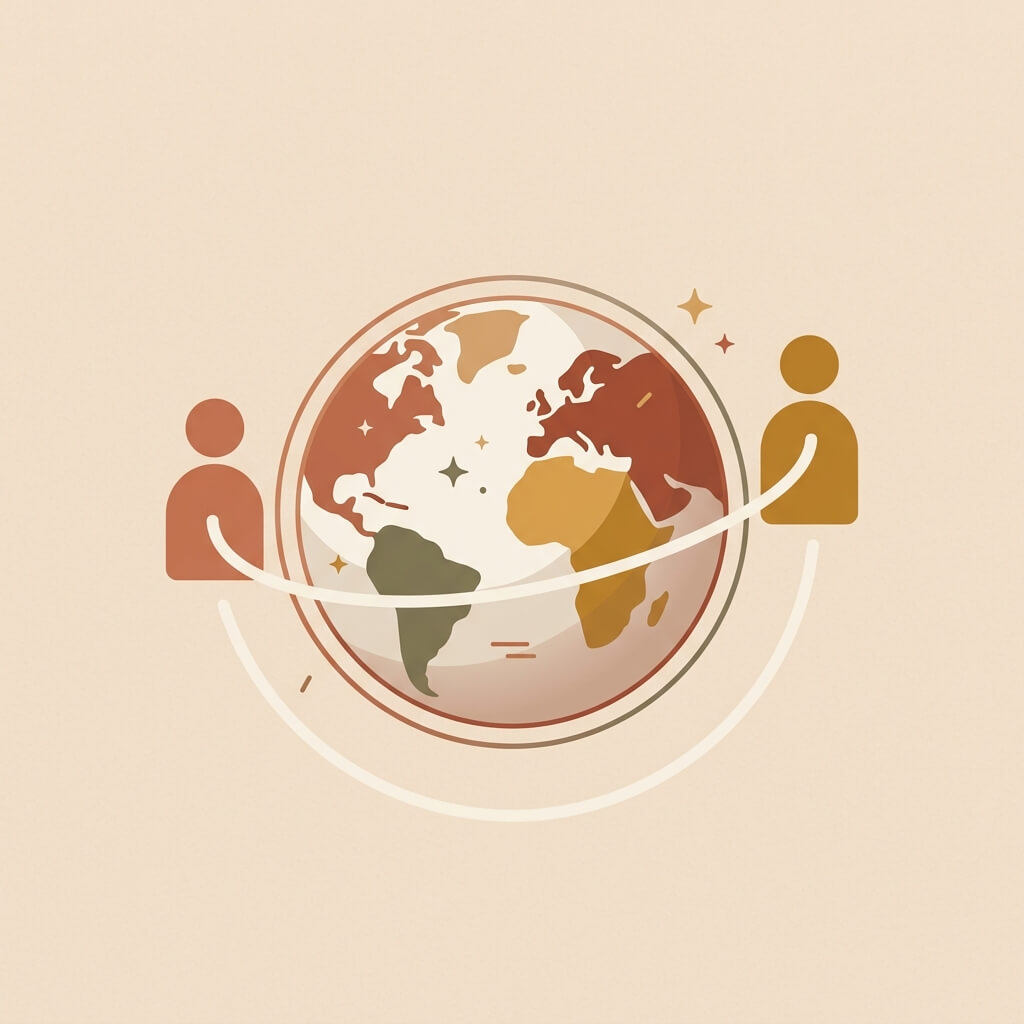 Illustration of two people on opposite sides of a globe connected by a shared line