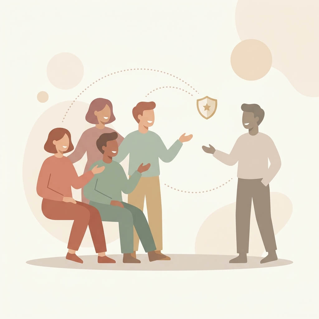 Illustration of people connecting safely online through a moderated platform